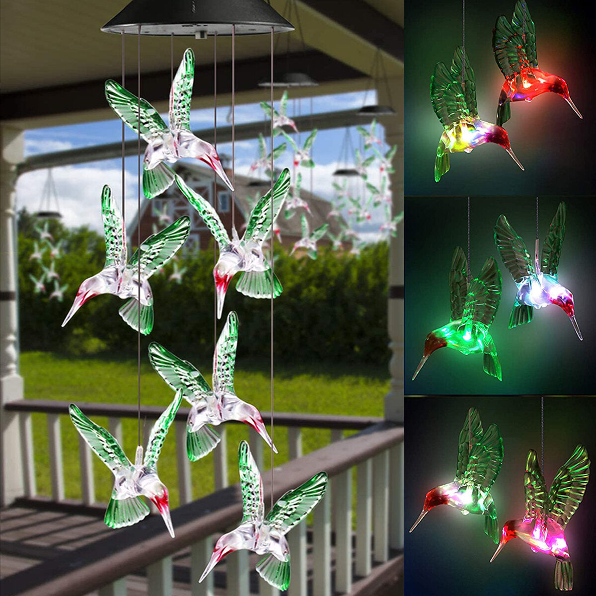 Color Changing LED Solar Power Lamp Hummingbird Wind Chime Light Hanging Decor