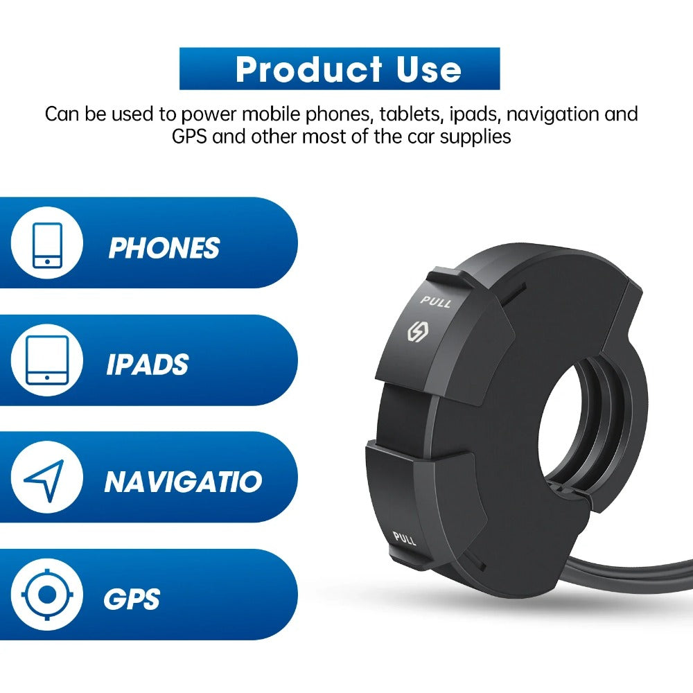Motorcycle USB Phone Charger - 18W Dual Ports, Waterproof, Fits 12V-24V Bikes, Handlebar Installation, Safe Charging