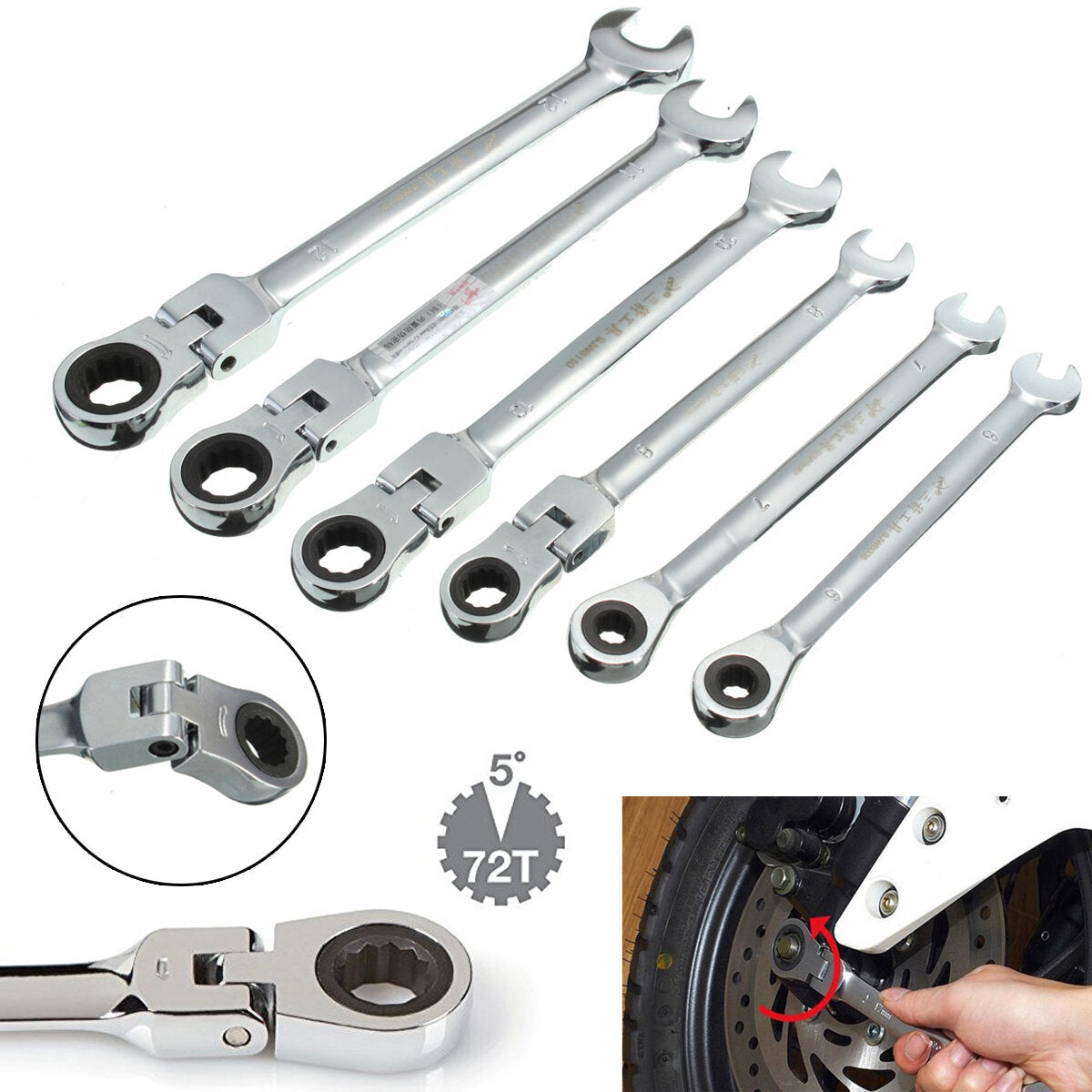 Flexible Pivoting Head Ratchet Combination Spanner Wrench Garage Metric Tool 6 Size