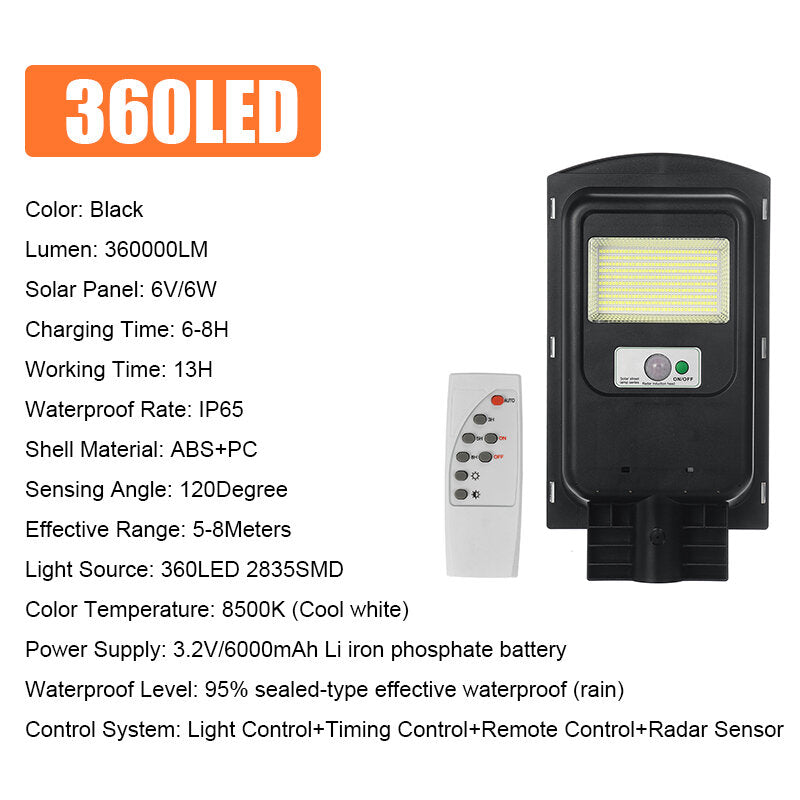 360/720/1080/1440LED Solar Street Light Timing Control Light Control Waterproof IP65 Remote Control