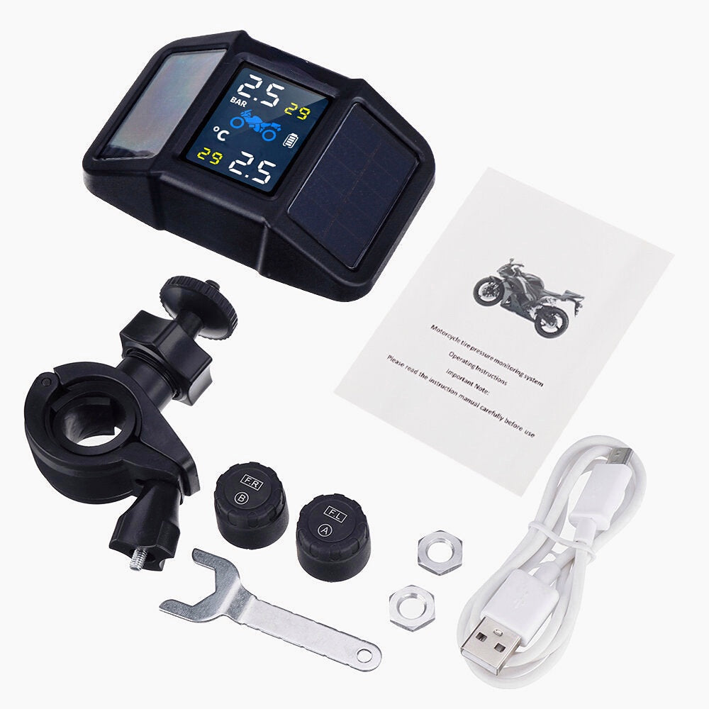 Solar Power + USB TPMS Waterproof LCD Display Motorcycle Real Time Tire Pressure Monitor System Wireless WI External Sensor