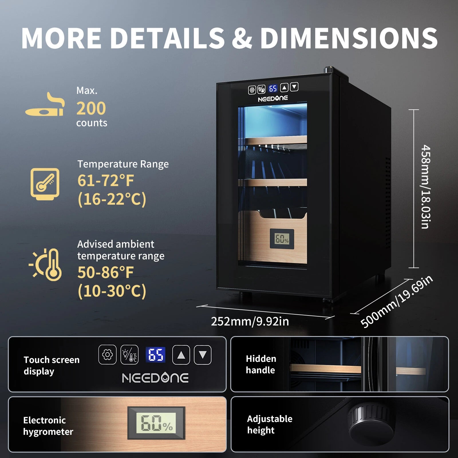 26L Electric Cigar Humidor, 200-Cigar Capacity, Heating & Cooling, Spanish Cedar Shelves, Drawer & Hygrometer