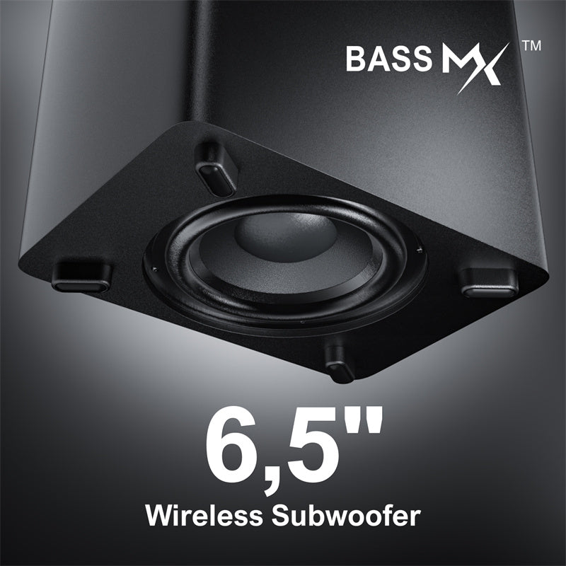410W 7.1CH Soundbar with 2x Steady 300 Stands Virtual Surround Sound System with 4 Wired Surround Speakers and 6.5" Wireless Subwoofer Home Theater SurroundX Soundbar Subwoofer with 2x Pairs of Steady 300 Surround Speaker Stands