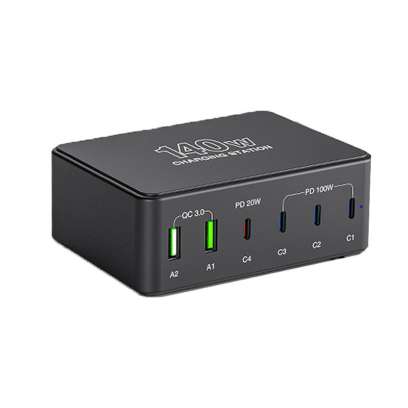 140W Desktop Charging Station - 2 USB-A & 4 USB-C Ports, EU Plug, Fast Charging, Compact Design, Black