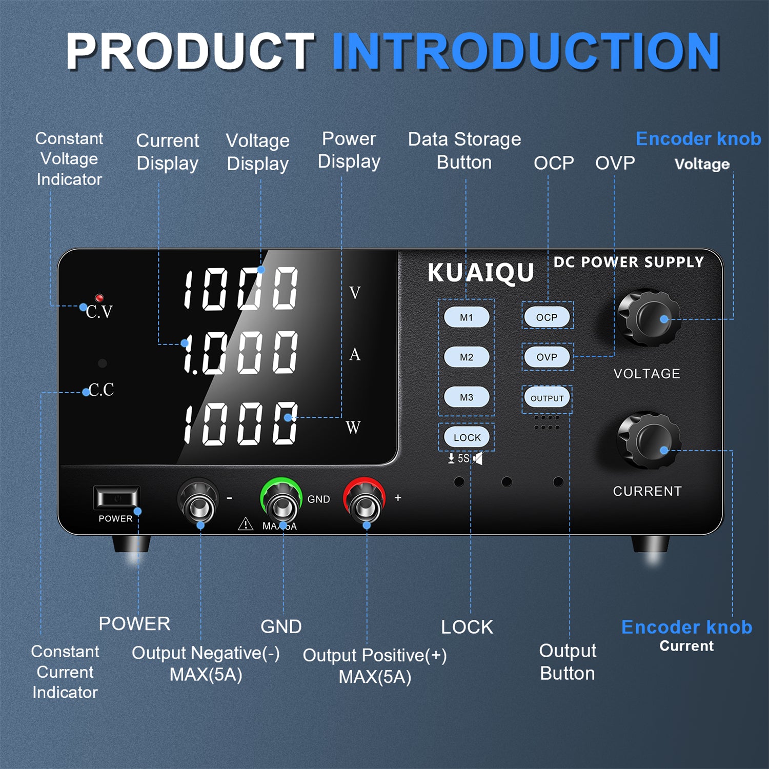 DC Power Supply 400V 600V 800V 1000V 1A RS-232 USB ommunication interfaces 4-Digit LCD Dual-Knob Encoder Memory Function OCP OVP Lock Bench Power Supply