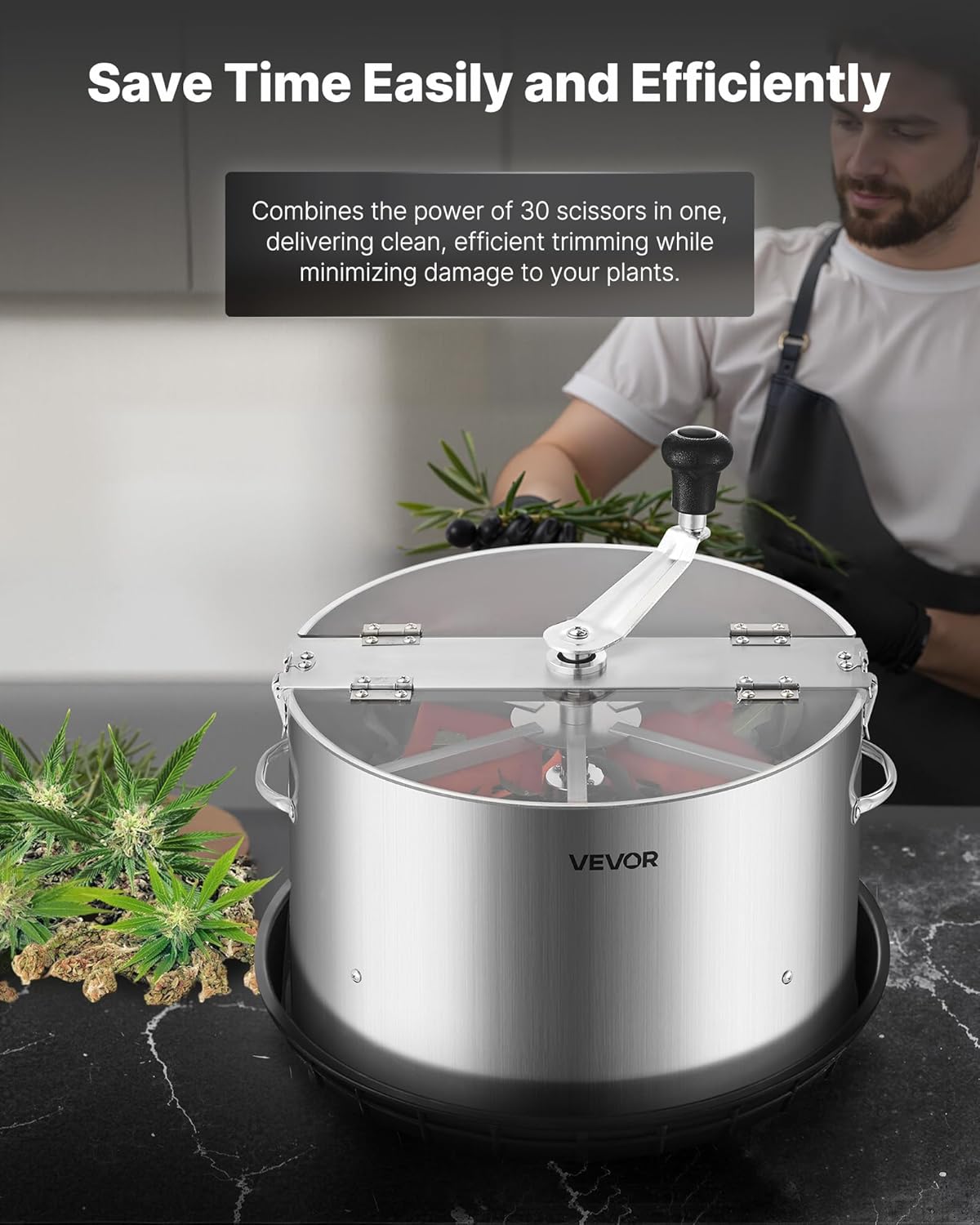 Greenzech Manual Bowl Leaf Trimmer 16" – Stainless Steel Blades, Wet/Dry Hydroponic Bud Trimmer with Clear Lid, Silicone Fingers & Tray
