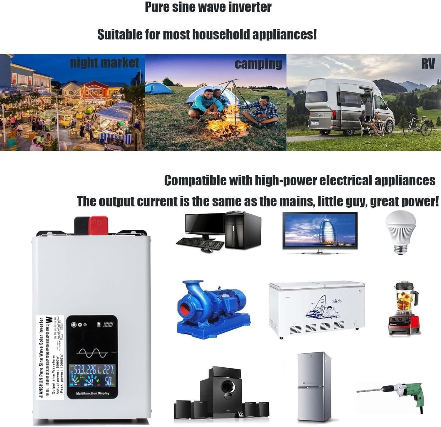 GreenZech VR Inverter | 10000W 12000W Peak | 5000W 6000W Rated | 12V to 96V DC to 220V AC Pure Sine Wave Station