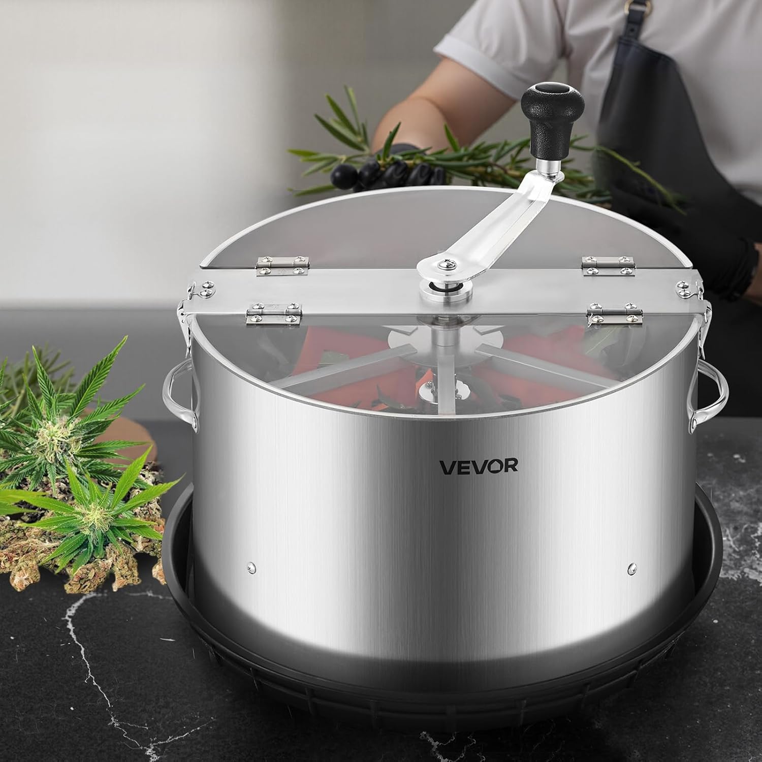 Greenzech Manual Bowl Leaf Trimmer 16" – Stainless Steel Blades, Wet/Dry Hydroponic Bud Trimmer with Clear Lid, Silicone Fingers & Tray