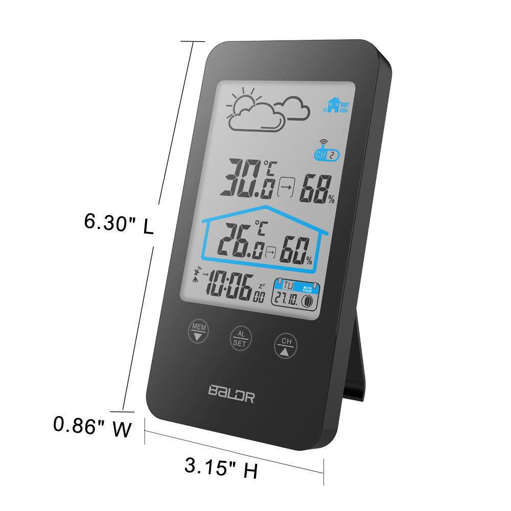 Touch Key Wireless Weather Station - Indoor/Outdoor Temp/Humidity Display with Moon Phase, Calendar, Alarm & Weather Forecast