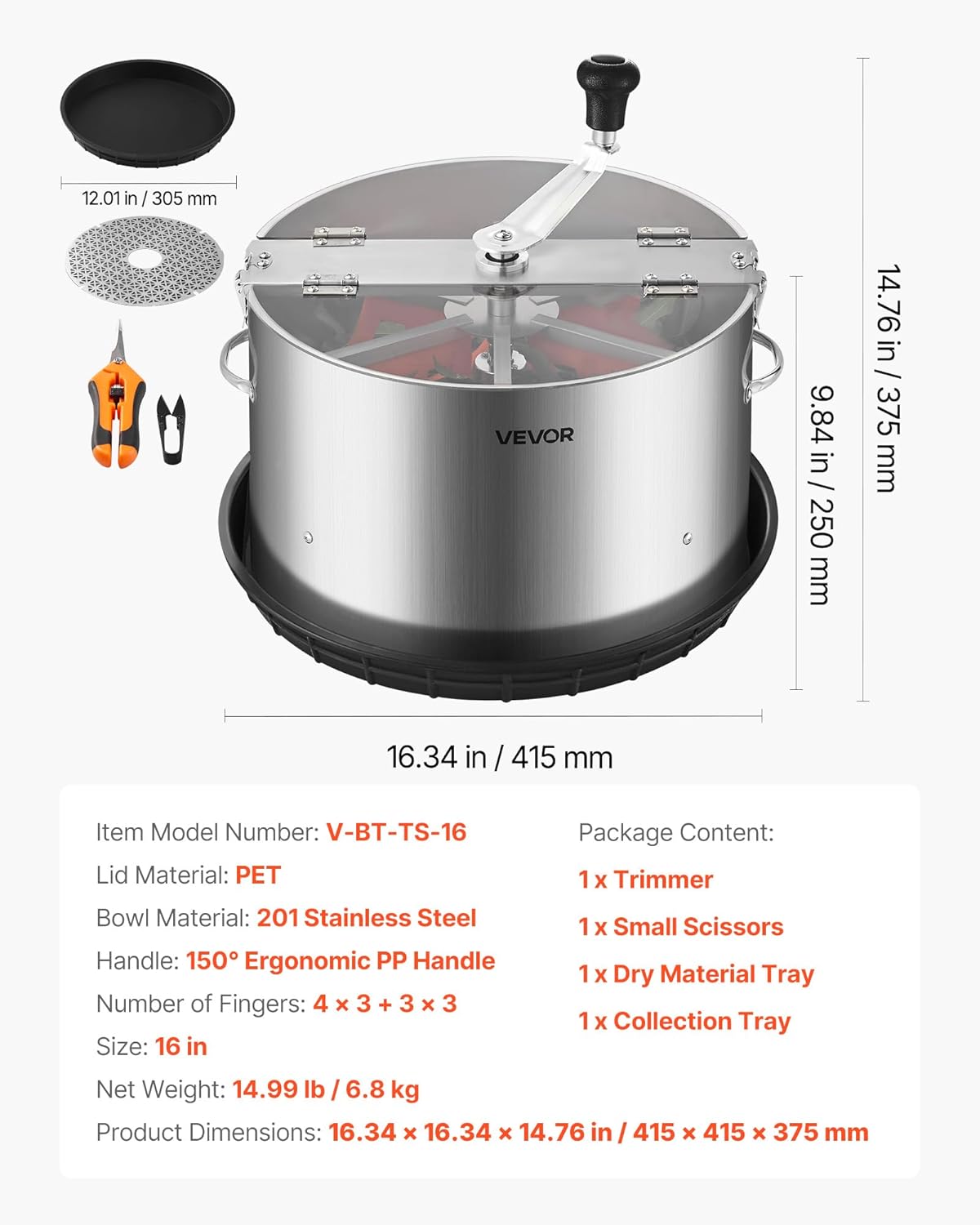 Greenzech Manual Bowl Leaf Trimmer 16" – Stainless Steel Blades, Wet/Dry Hydroponic Bud Trimmer with Clear Lid, Silicone Fingers & Tray