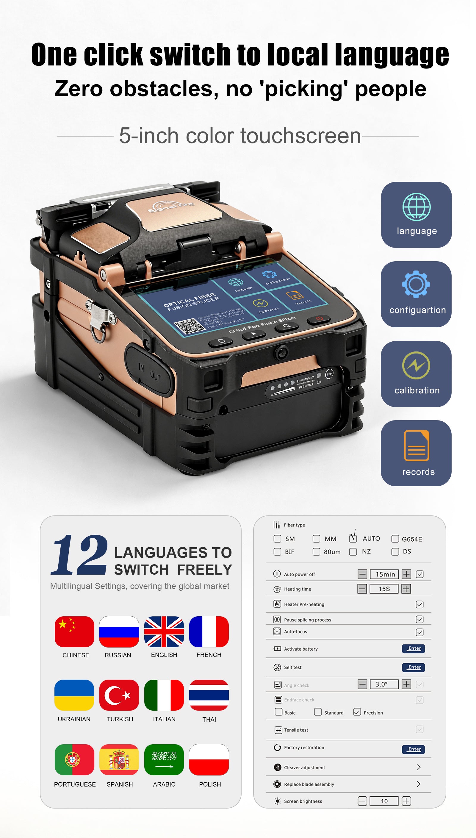 Optical Fiber Fusion Splicer 6 Motors Core Cladding Alignment 5 Inch Touchscreen 7800mAh Battery Bluetooth 4.2 Optical Power Meter VFL