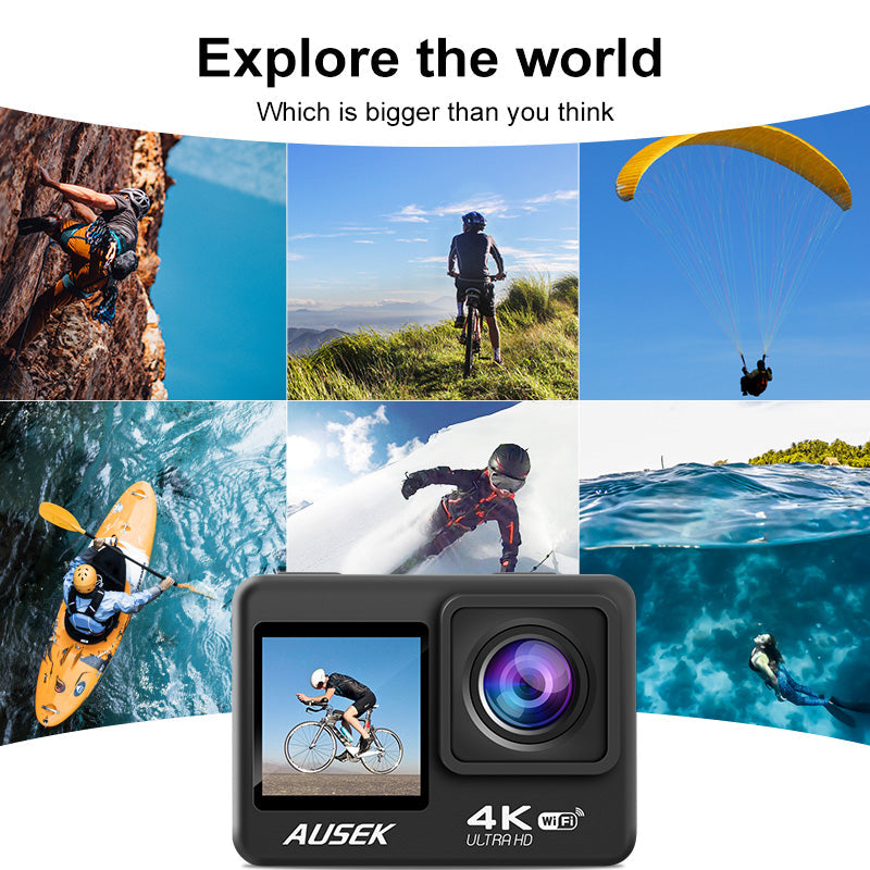 4K 60FPS WiFi Camera with Dual Color Screen 170° Wide Viewing 30M Waterproof EIS Anti-shake Outdoors Sports Camera