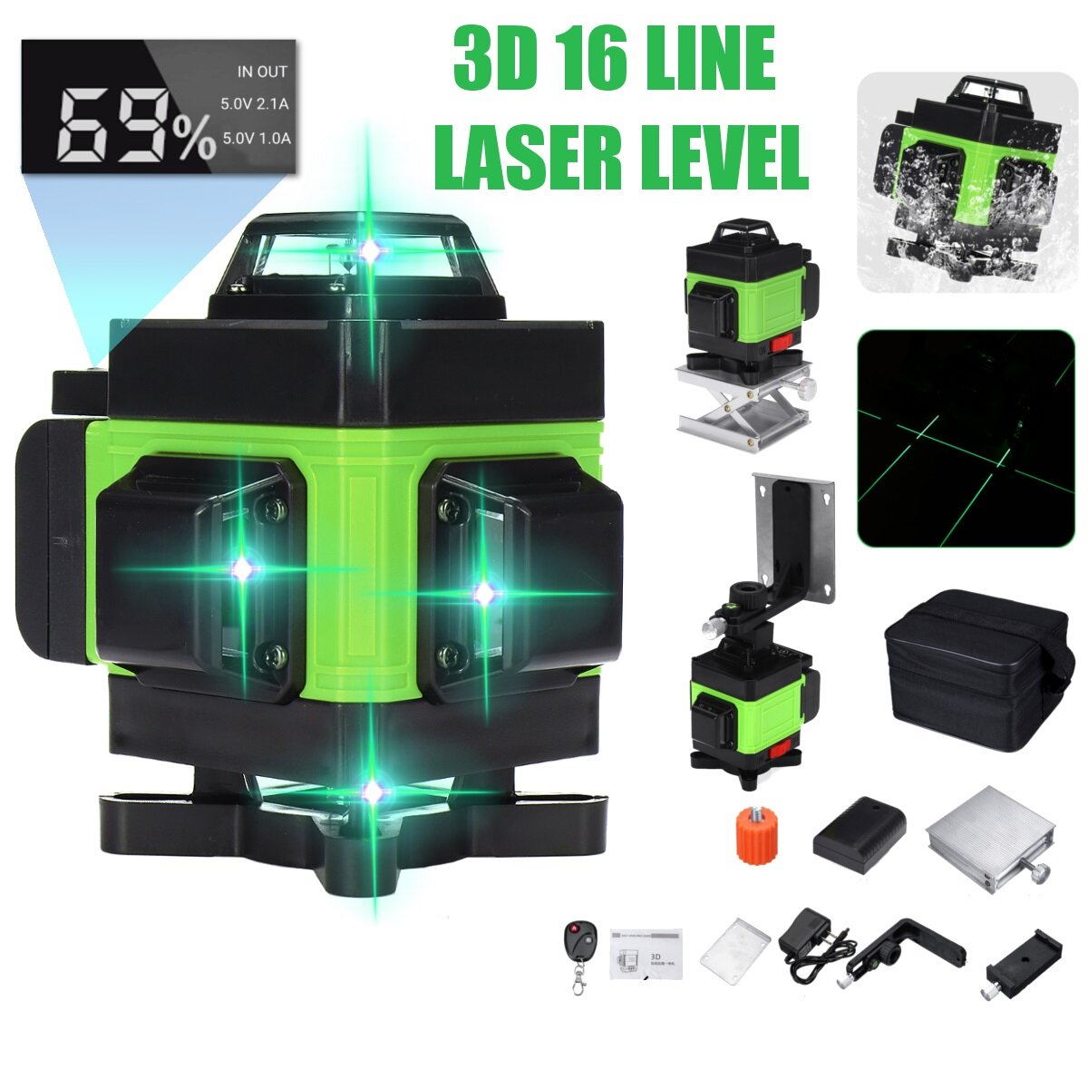 LED Display 3D 360 16 Line Green Light Laser Level Cross Self Leveling Measure Tool