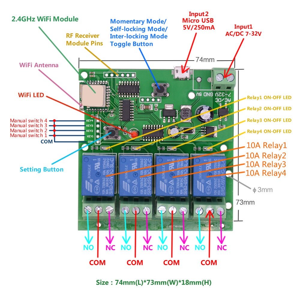 WiFi 4-way Relay Module Inching Momentary/Self-Locking/Interlock Switch Module Works with Amazon Alexa