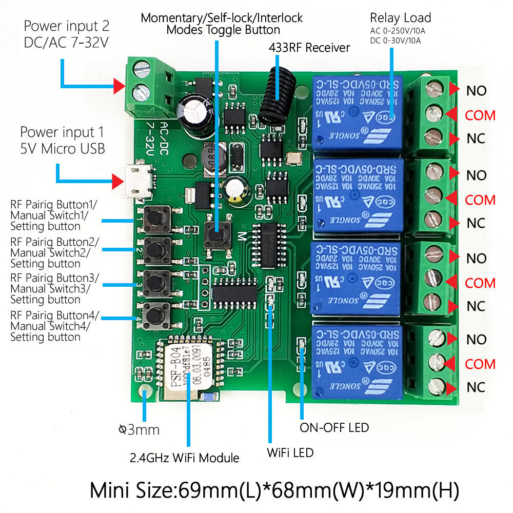 WiFi 4-way Relay Module Inching Momentary/Self-Locking/Interlock Switch Module Works with Amazon Alexa