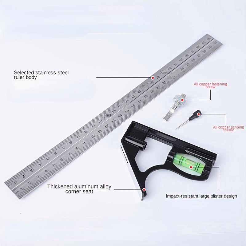 12" Professional Resolution Adjustable Stainless Steel Angle Combination Square Ruler
