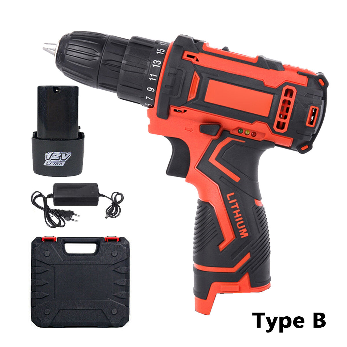 12V Electric Drill Cordless Wireless Rechargeable Electric Screwdriver Drill Set LED W/ 1/2 Batteries Wood Metal Plastic Drilling Tool