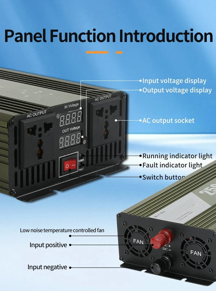GreenZech DM 2500 Inverter | 2500W Full Power Pure Sine Wave | 12V 24V 48V 60V 72V to 110V 220V AC Converter