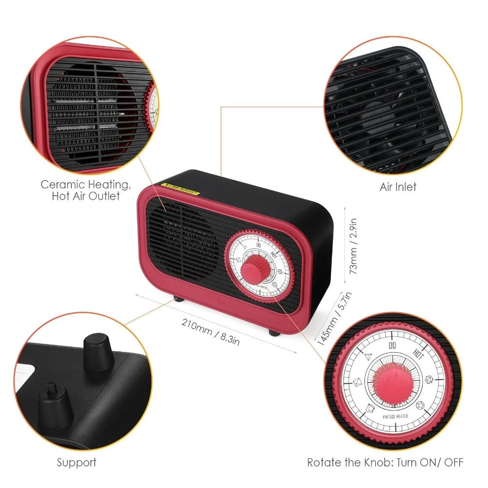 Retro Style Electric Space Heater - Mini Indoor Fan, Quiet Ceramic Heating, Overheat Protection, 250V for Bedroom/Office