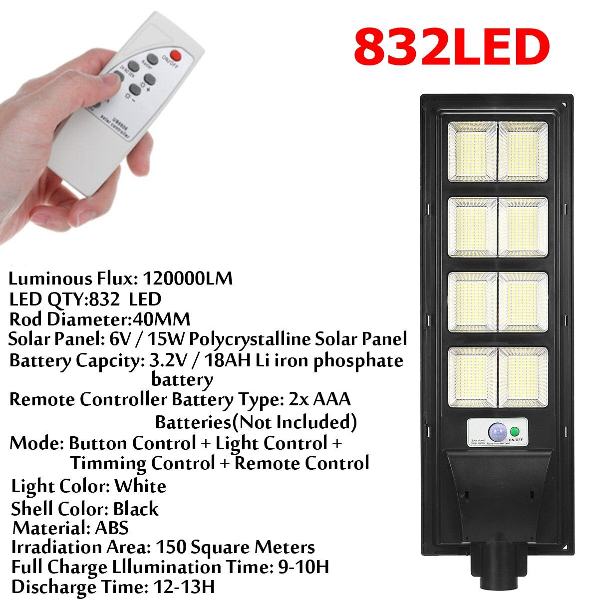 208/416/624/832LED Solar Powered Wall Street Light PIR Motion Sensor Dimmable Lamp + Remote Control
