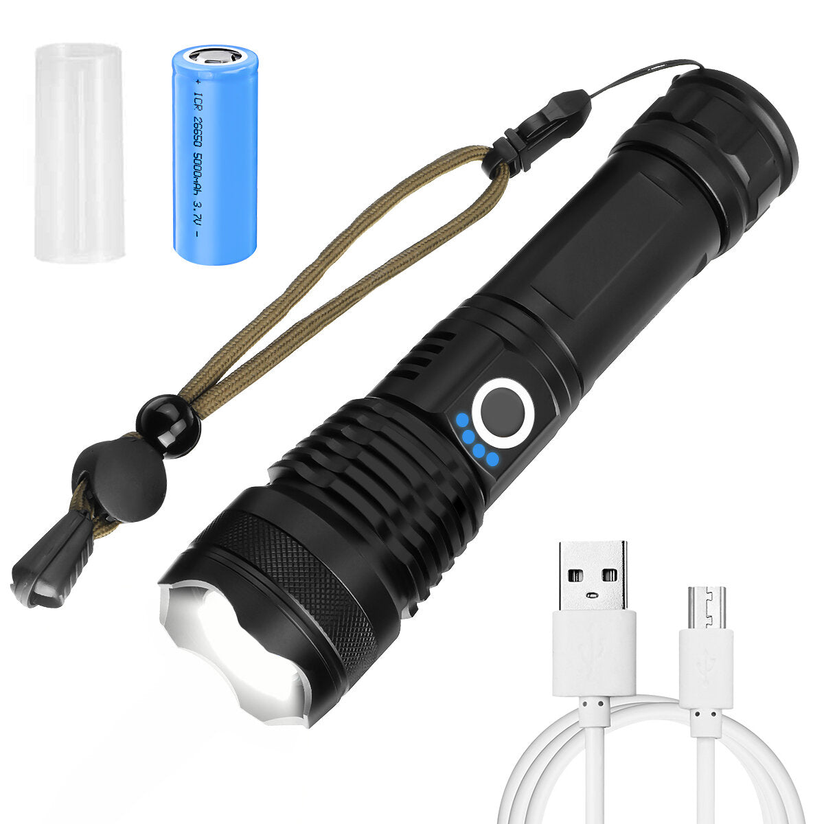LED Zoomable Flashlight Set with 26650 Battery USB Cable Power Display USB Rechargeable LED Searchlight Torch