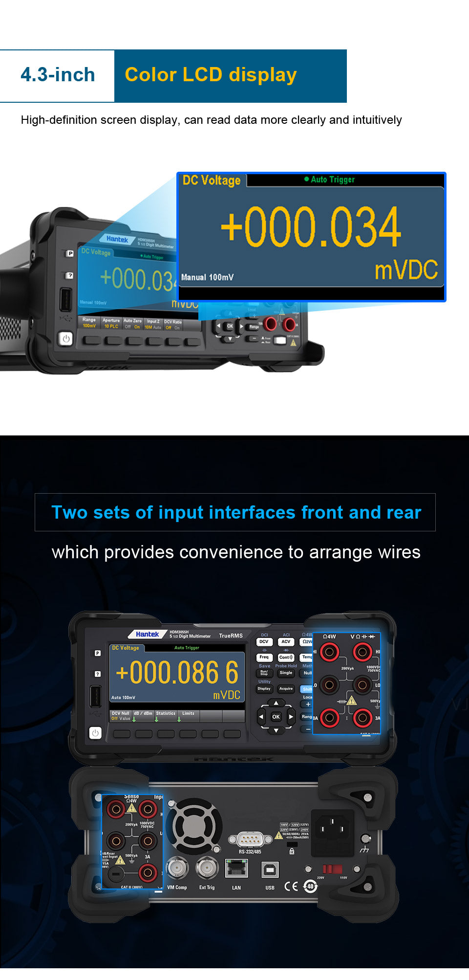 1/2 6 1/2 True RMS Digital Multimeter Dual Display 30,000rdgs/s Reading Rate + 10,000 Memory Desktop Multitester HDM3055 HDM3055A HDM3065 HDM3065B