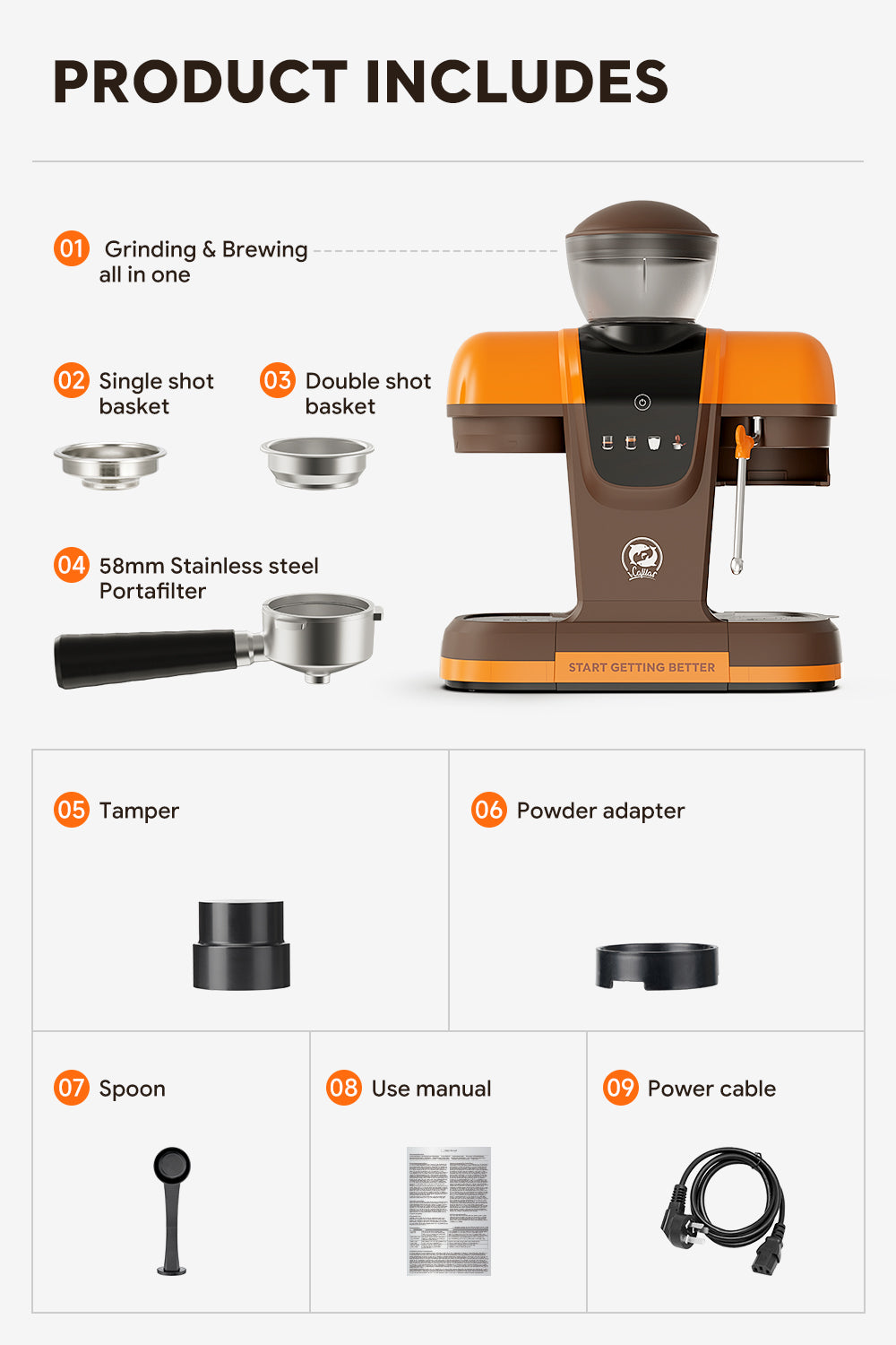 Semi Automatic Espresso Coffee Machine 19Bar with Built-in Grinder Pre-infusion System High-pressure Extraction Touch Panel Control