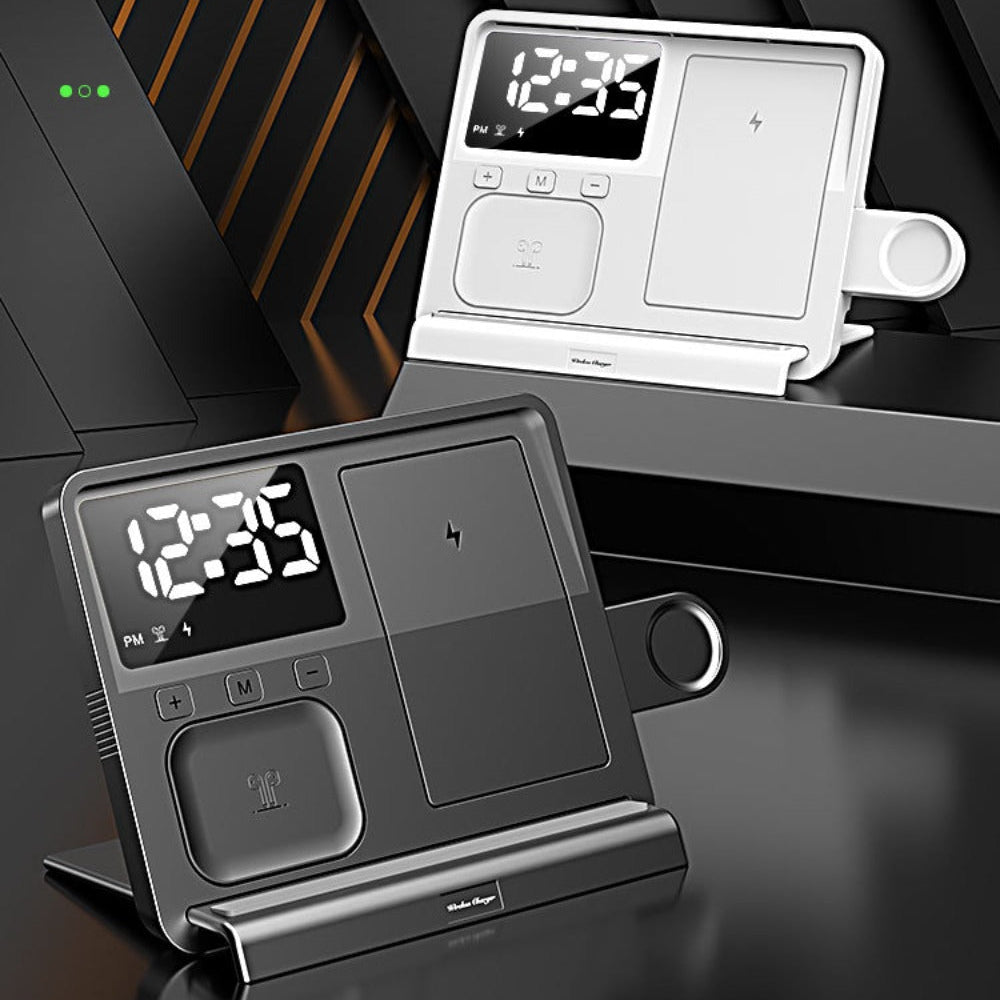 Multifunctional 4-in-1 Wireless Charger Station for Phones, Apple Watch & Earbuds - Fast Charging, Black, ABS Plastic