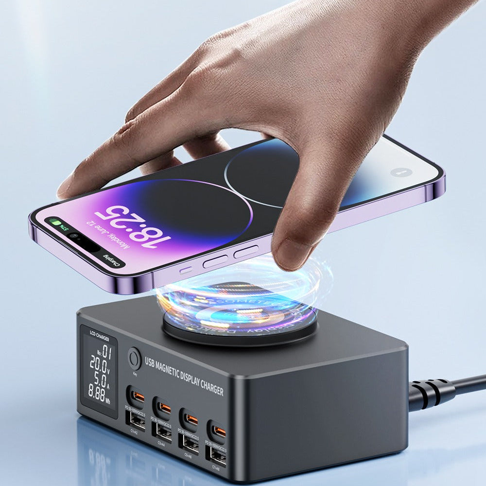 140W 8-Port USB PD Charger, Black, 4 USB-A & 4 USB-C, 15W Wireless Charging, EU/US Plug, Durable ABS+PC