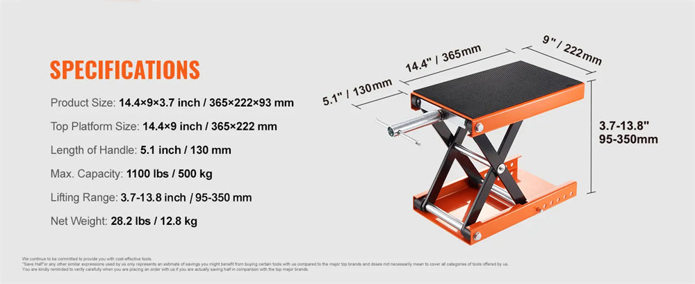 1100lbs Motorcycle Scissor Jack Lift 499.5 kg Wide Deck Hoist Stand for ATVs Bike