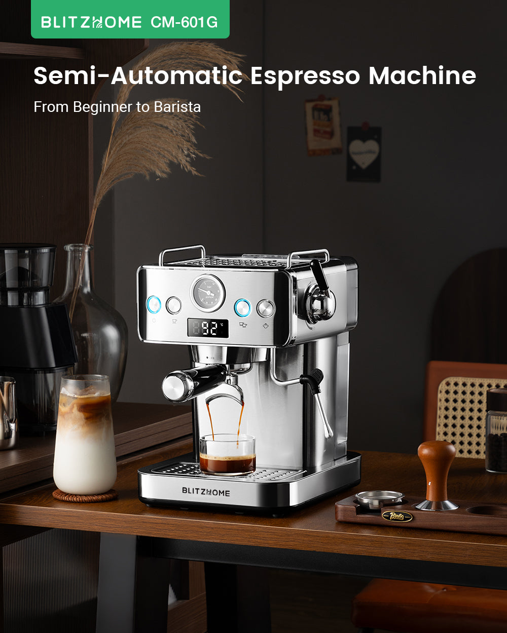 Espresso Coffee Machine H10A 20Bar 1150W with Pressure Gauge PID & NTC 51mm Portafilter Manual Steam Wand