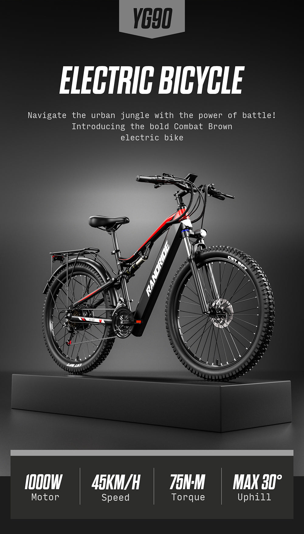 48V 17AH 1000W Recommended Top Speed 25KM/H 27.5*2.4 Inch Electric Bicycle 80-90KM Mileage Range Max Load 120KG