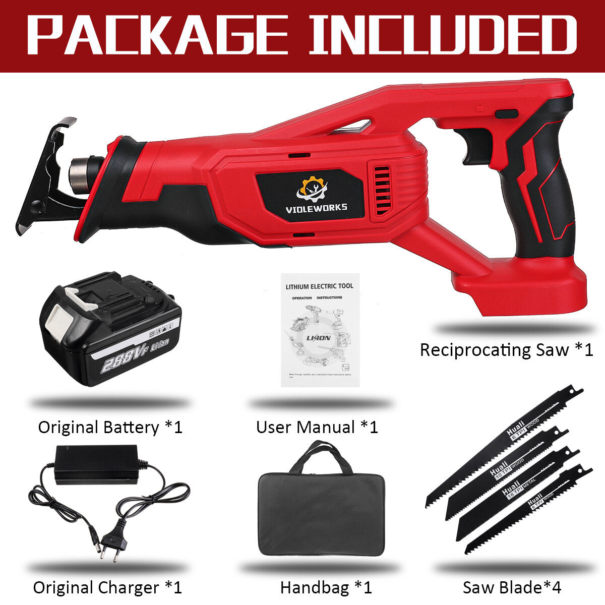 18V Brushless Cordless Reciprocating Saw 4 Blades Woodworking Cutting Tool