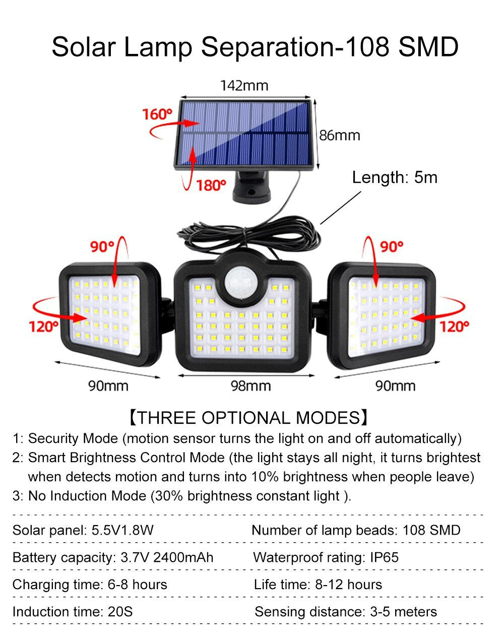 Solar Lights Outdoor 171COB 108/122/138LEDs Motion Sensor Light 3 Head Remote Control Wall Light 270 Wide Angle Flood Light for Garden