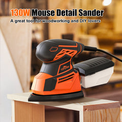 130W Corded Electric Mouse Detail Sander Small Sander with 12Pcs Sandpapers Dust Collection Box Multi-Function Hand Sander