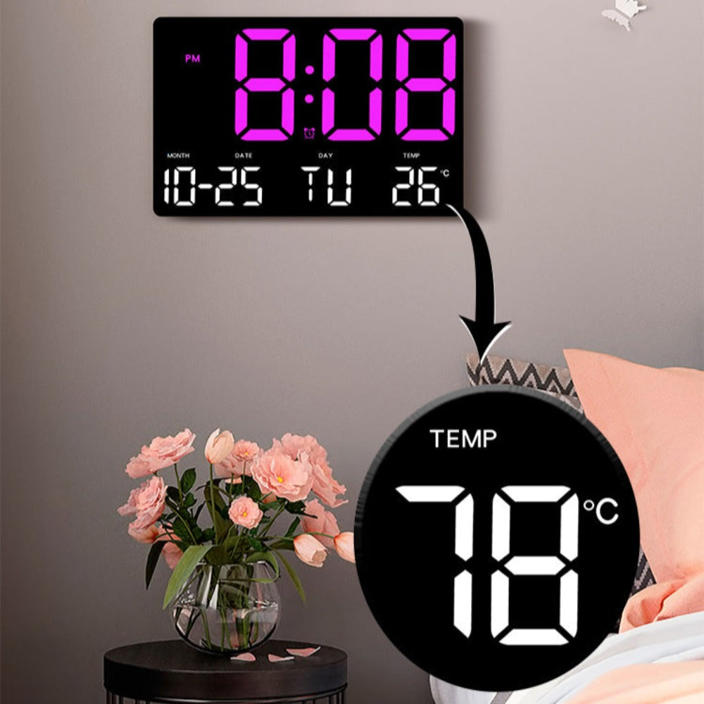 Large Digital Wall Clock with LED Display, Adjustable Brightness, Indoor Temperature, Date, Week, 12/24H for Home, Office, Classroom