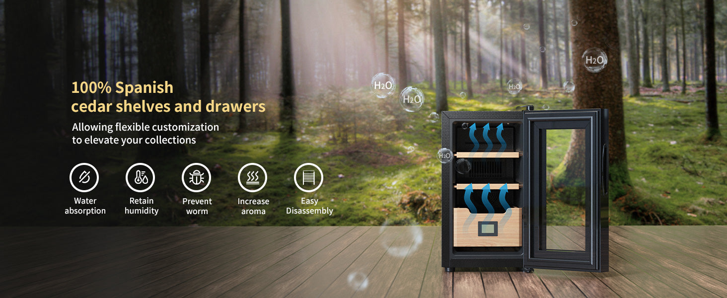 26L Electric Cigar Humidor, 200-Cigar Capacity, Heating & Cooling, Spanish Cedar Shelves, Drawer & Hygrometer
