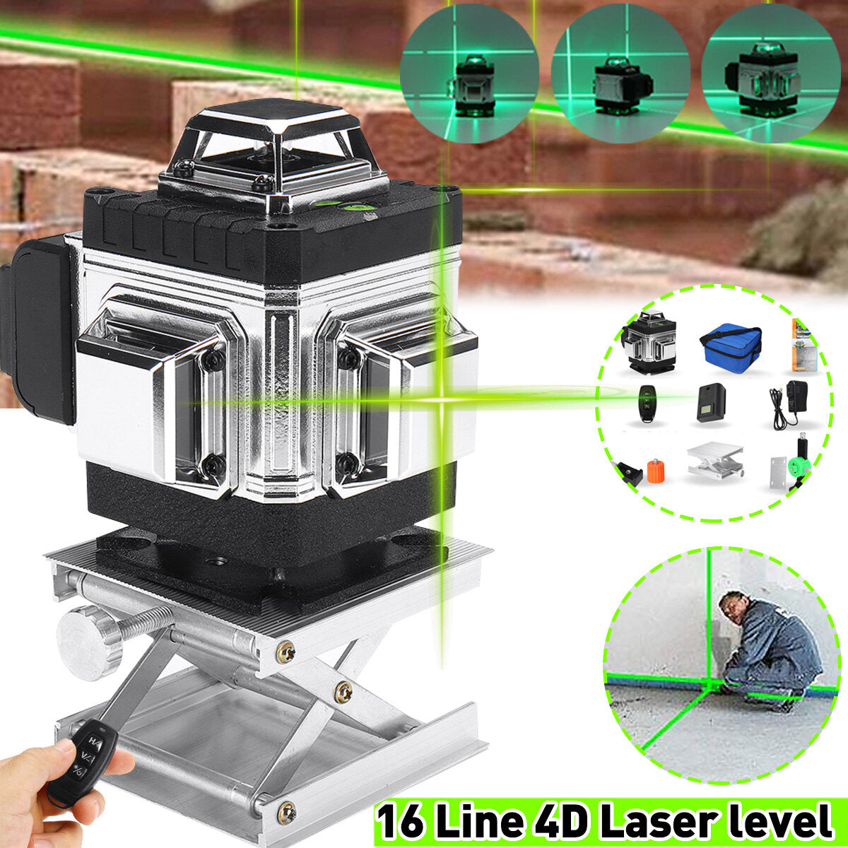 16Lines 360 4D Green Light Laser Level Auto Self Leveling Rotary Cross Measure Tool