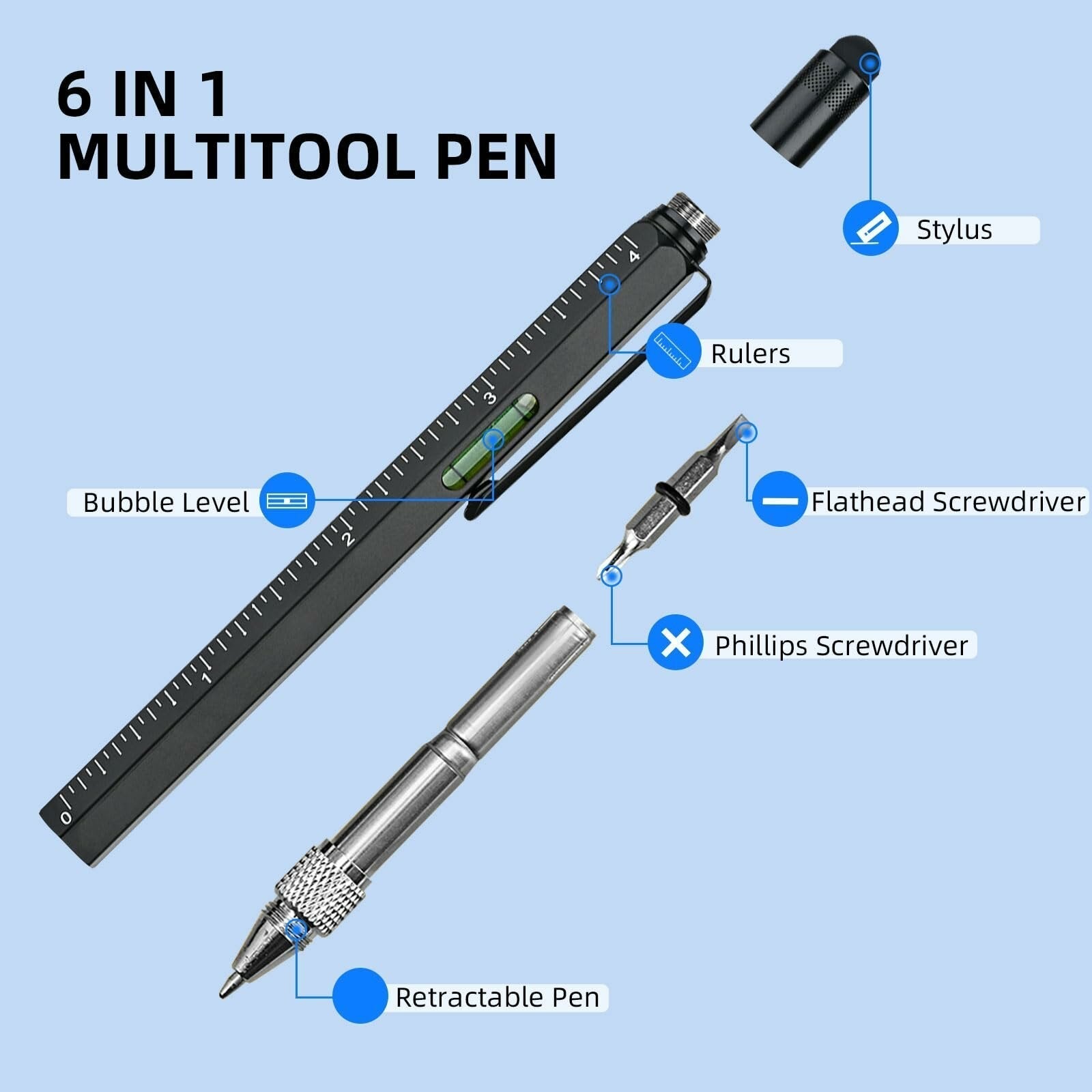 6-in-1 Multitool Pen - Ballpoint, Stylus, Ruler, Screwdrivers, Level - Durable Aluminum, Gift Boxed, Ideal for DIY & Crafts