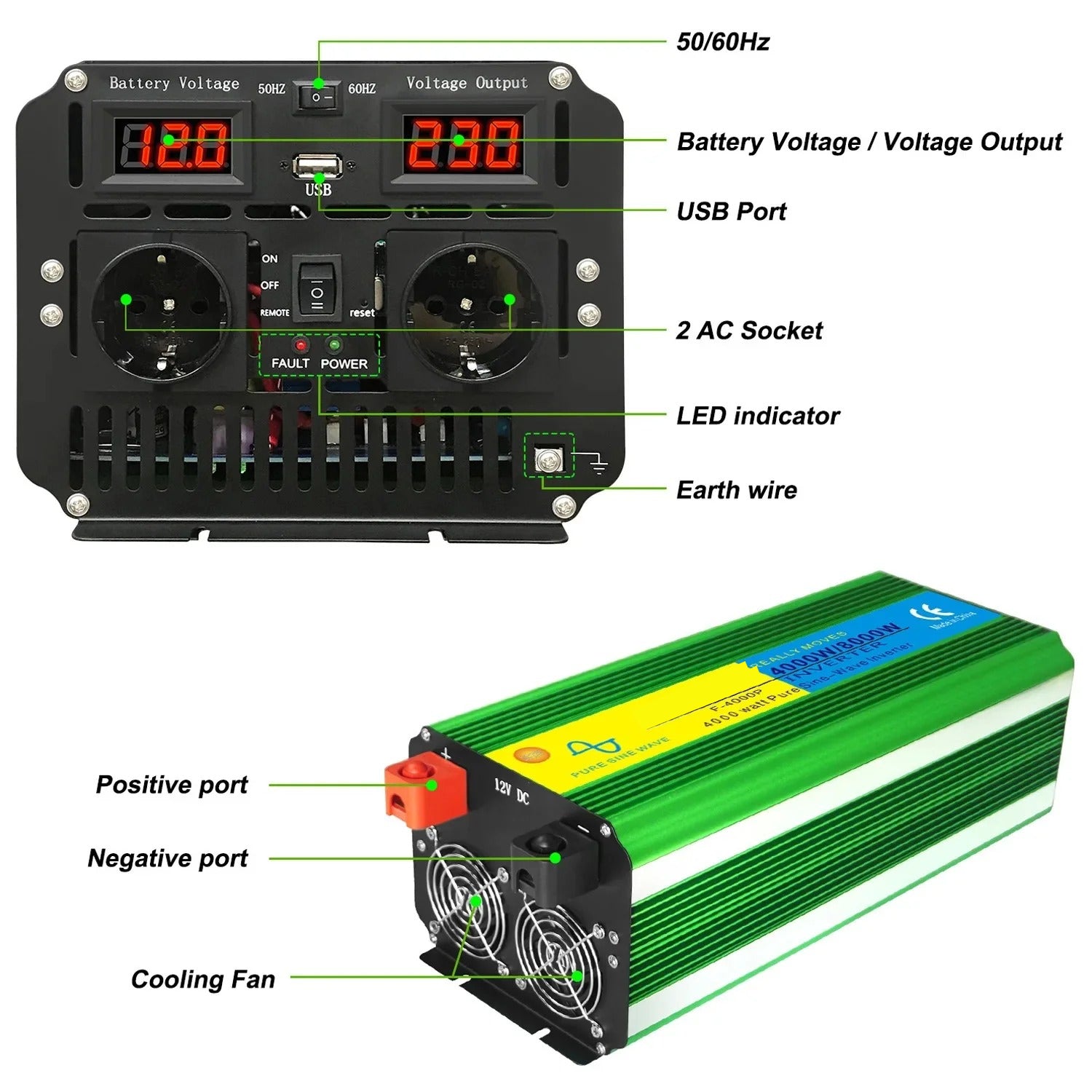 GreenZech Elite 4000W Inverter | 8000W Peak Power | Heavy-Duty Professional Pure Sine Wave Converter
