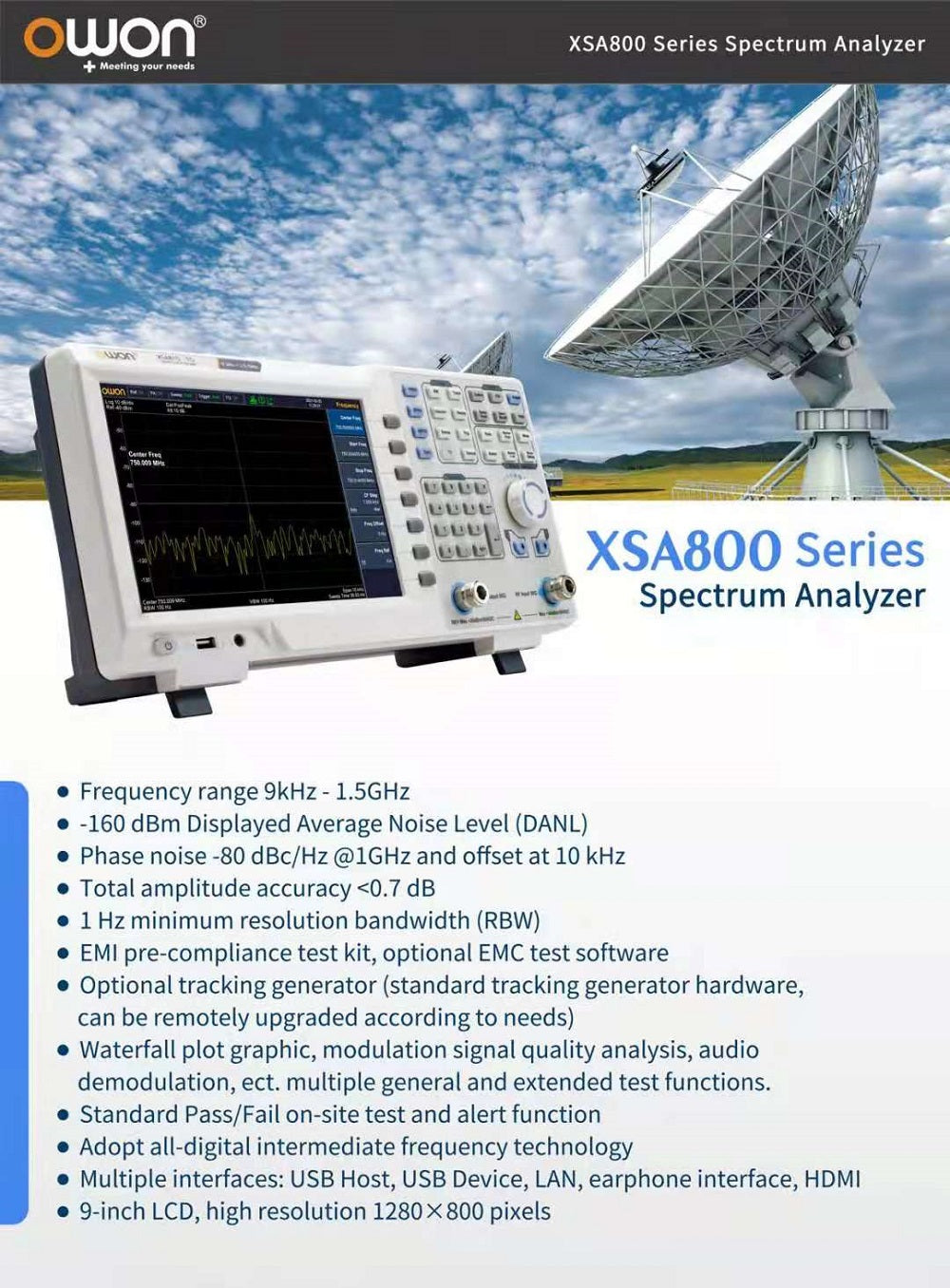 1.5GHz 9Inch TFT LCD Display Spectrum Analyzer + Tracking Generator Support USB LANHDMI Communication Interface