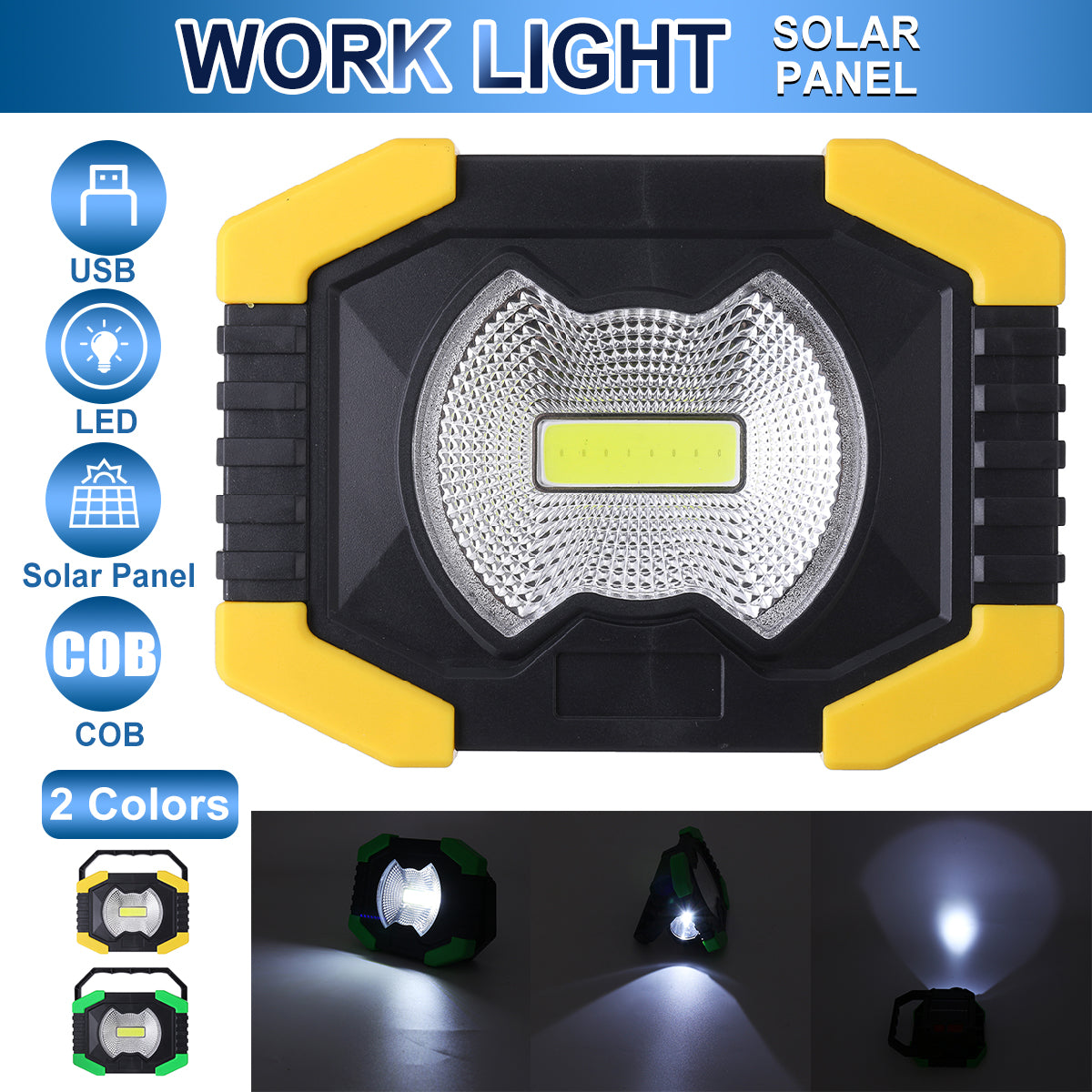 AA/Solar Battery COB 750LM Rechargeable Waterproof LED Portable Spotlight Work Light for Outdoor Camping Fishing