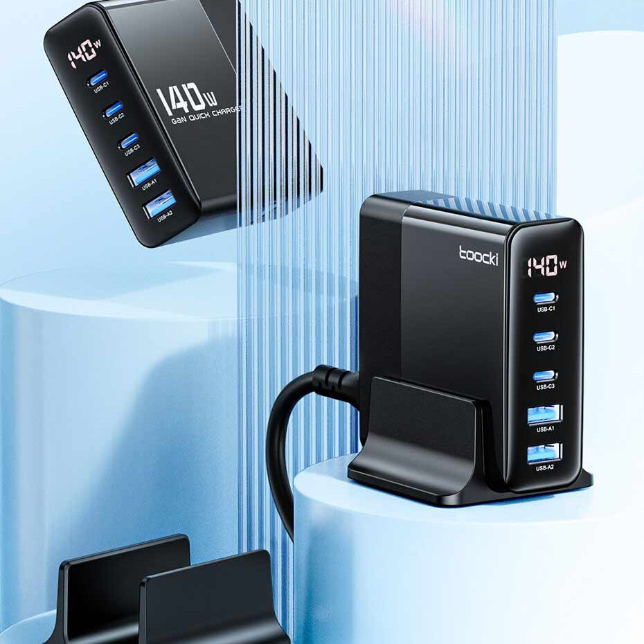 140W 5-Port Desktop Charging Station, Black, Fast Charging, PD3.1 & QC4.0, Compact Size 85x79x60mm