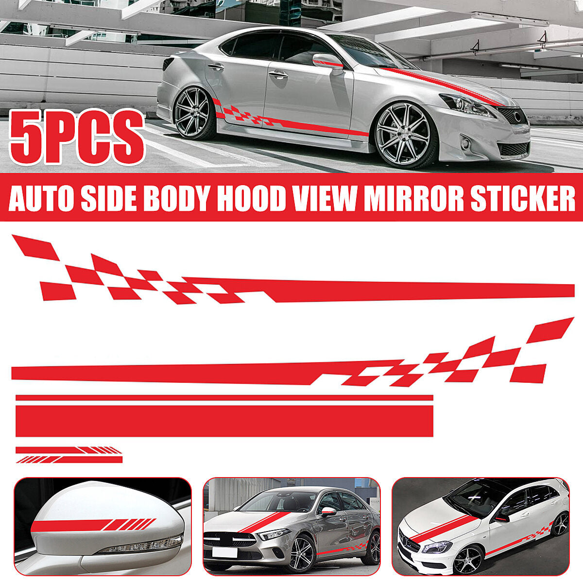 5pcs Car Stickers Stripes Graphics Side Body Hood Rearview Mirror Decal Trim