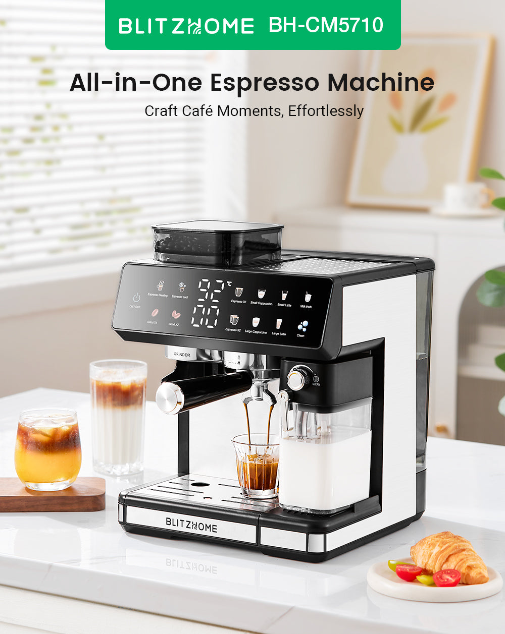 All-in-One Espresso Coffee Machine with Built-in Grinder Dual Boiler, Automatic Milk Frother Hot & Cold Brew Touch Screen
