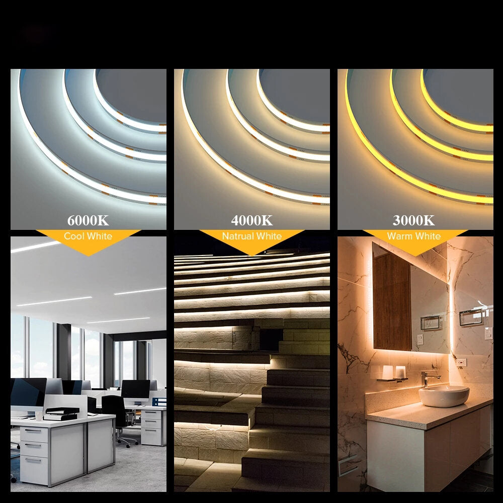 12V/24V LED NIght Light Strip 360/528 LEDs High Density Flexible FCOB COB Led Lights Strip with Changeable Color Temperature for Bedroom Kitchen
