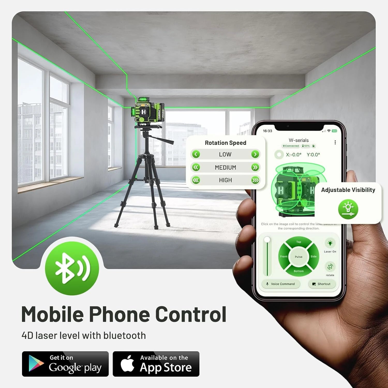 3D 12-Line / 4D 16-Line Green Laser Level, Bluetooth Control, Self-Leveling, LCD, Rechargeable Battery & IP54 Protection