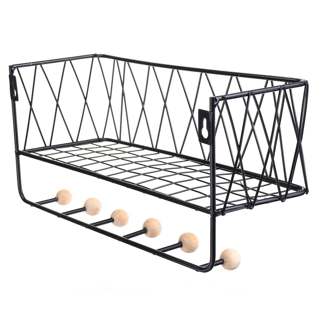 Iron Rack Wooden Wall Hanging Shelf Holder Books Pot Plant Storage +Hooks