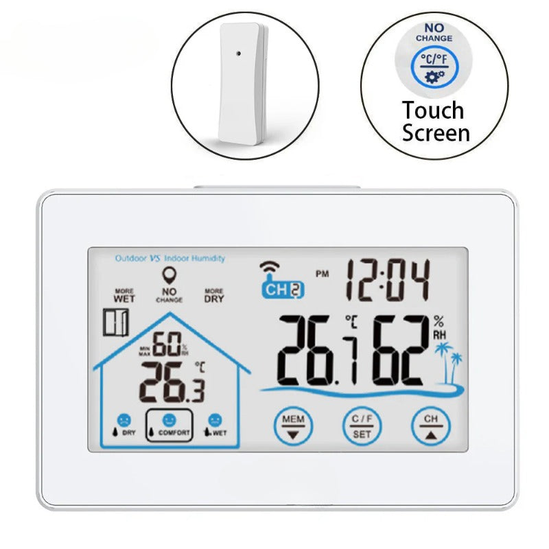 Wireless Weather Station Alarm Clock Touch Screen In/Outdoor Thermometer Hygrometer Forecast Calendar Comfort Indicator Wireless Remote Sensor