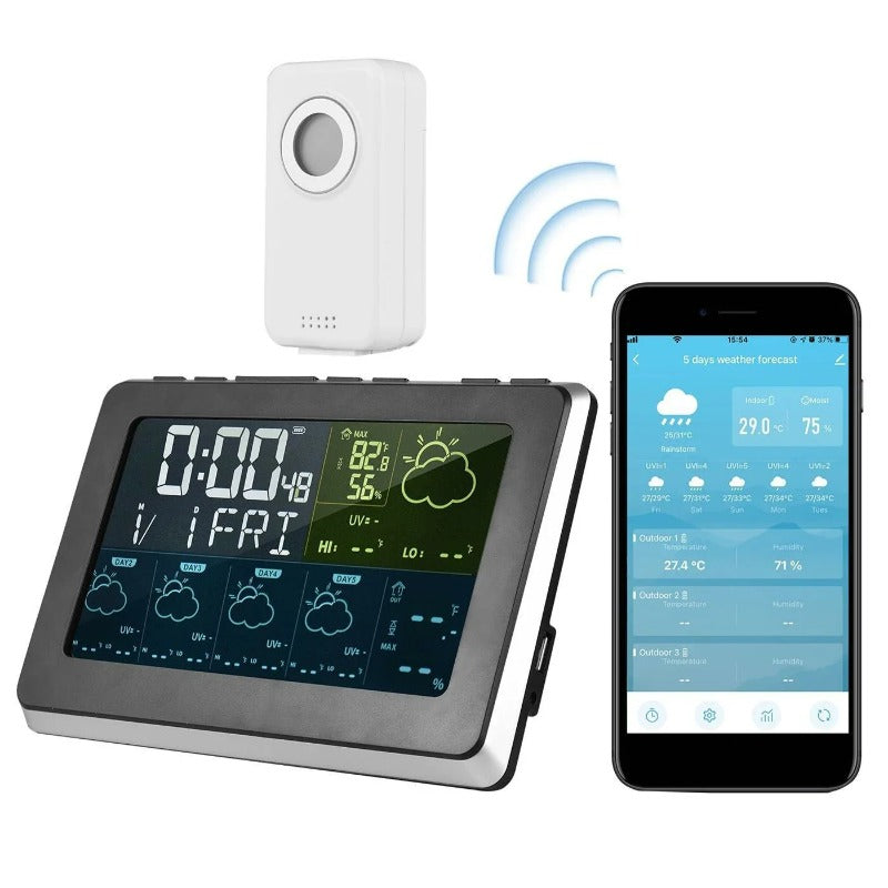 WiFi Weather Station Alarm Clock - Wireless Indoor/Outdoor Thermometer, Works with Tuya/Smart Life, 12/24H, Date/Week Display
